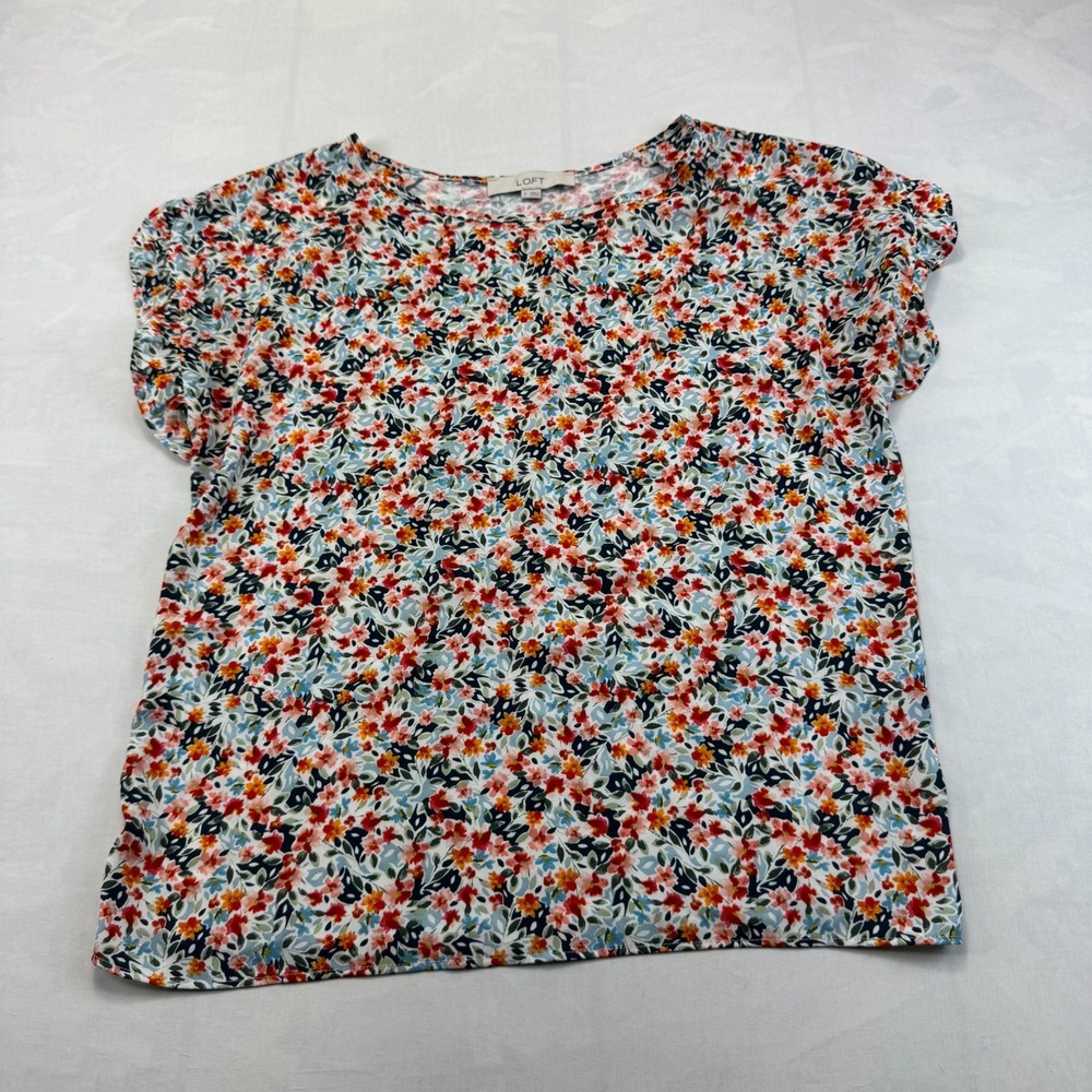 LOFT Blouse Top Womens Small Multi Floral Flutter Sleeve Lightweight Pullover